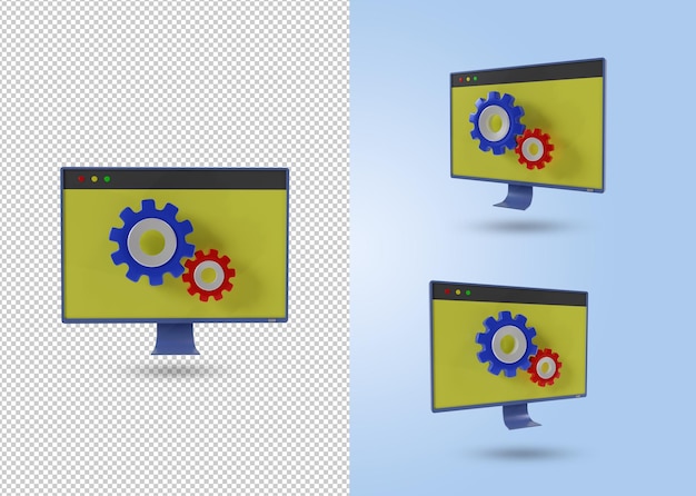 ensemble d'icônes de moniteur avec concept de navigateur d'engrenage en cours de réparation ou de maintenance Fichier PSD de rendu 3d