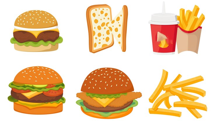 PSD un ensemble d'icônes de restauration rapide hamburger cheeseburger frites cola isolé sur un fond transparent