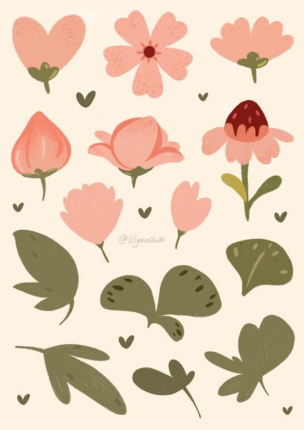 Ensemble d'illustration de motif floral rose