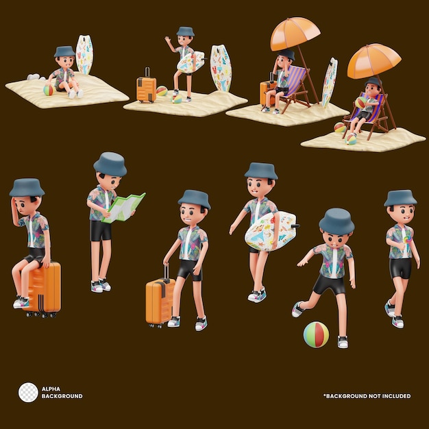 PSD ensemble d'illustrations de personnages 3d de vacances