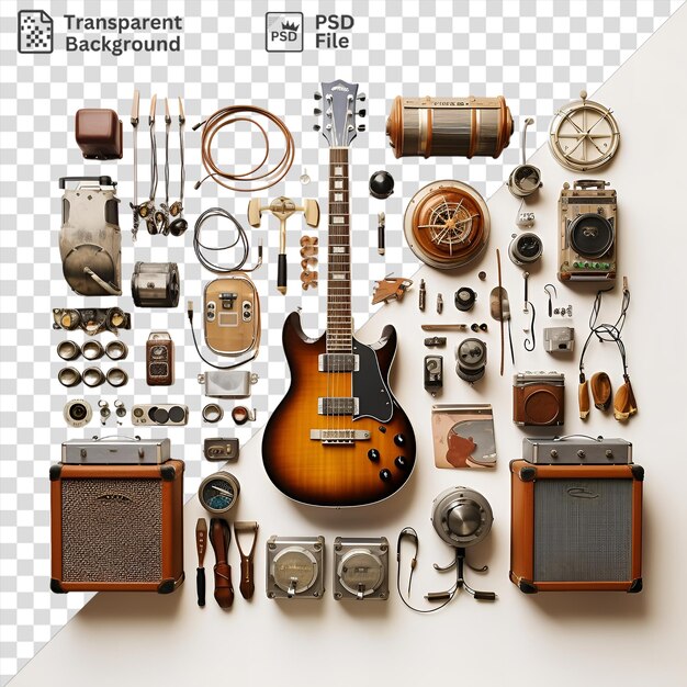 PSD un ensemble d'instruments et d'accessoires affiché sur un mur blanc avec une guitare brune et en bois, une caméra argentée, une radio argentée et grise et une guitare marron et en bois.