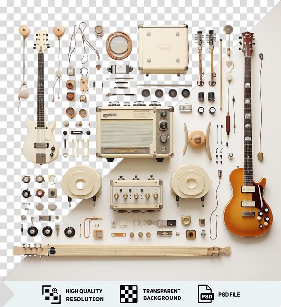 Un Ensemble D'instruments Et D'accessoires De Musiciens Psd Affiché Sur Un Mur Blanc Avec Une Guitare Brune, Un Ipod Blanc Et Une Guitare Marron Et En Bois.