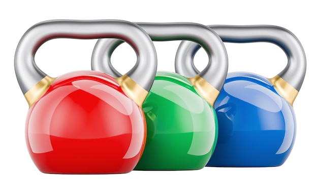 PSD un ensemble de kettlebells 3d colorés isolés sur un fond transparent