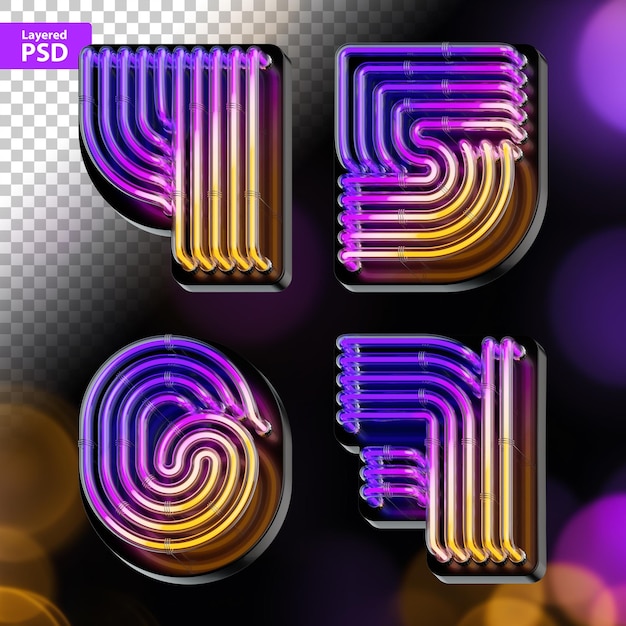 PSD un ensemble de lettres en gras rendues en 3d faites de tubes de néon brillants à gradient coloré