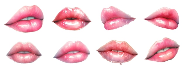 PSD un ensemble de lèvres roses de couleur d'eau sur fond blanc