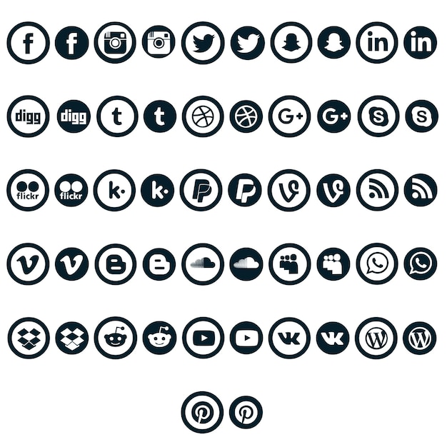 Ensemble de logos de médias sociaux en noir et blanc