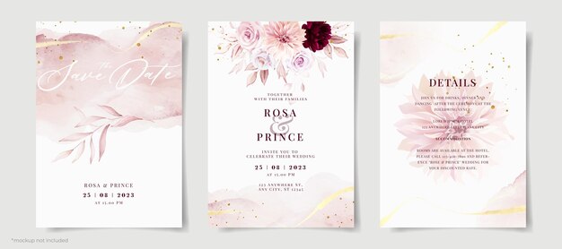 Ensemble De Modèle D'invitation De Mariage Aquarelle Avec Décoration Florale Et Feuilles Rose Et Bordeaux