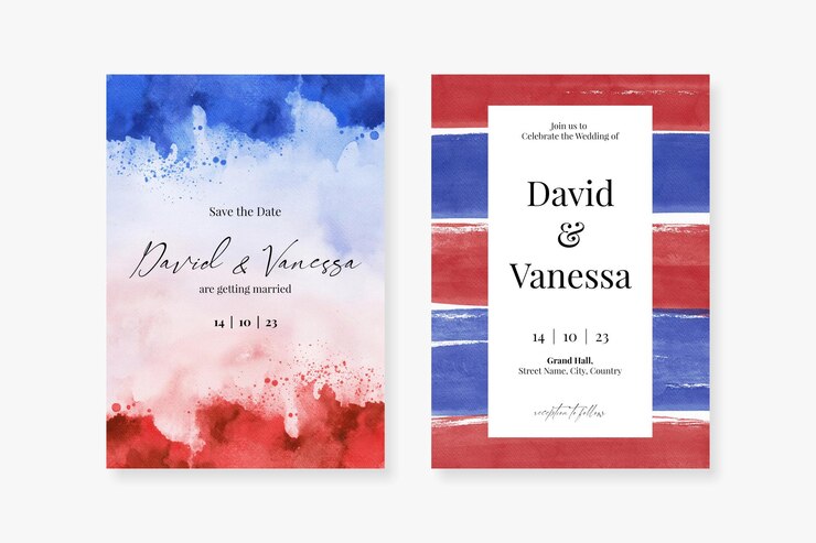 PSD ensemble de modèles de cartes d'invitation de mariage aquarelle rouge et bleu modifiable