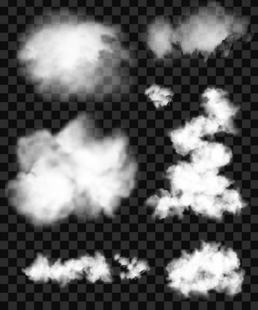 ensemble de modèles de nuages transparents de collecte d'éléments de fumée isolés sur un fond transparent