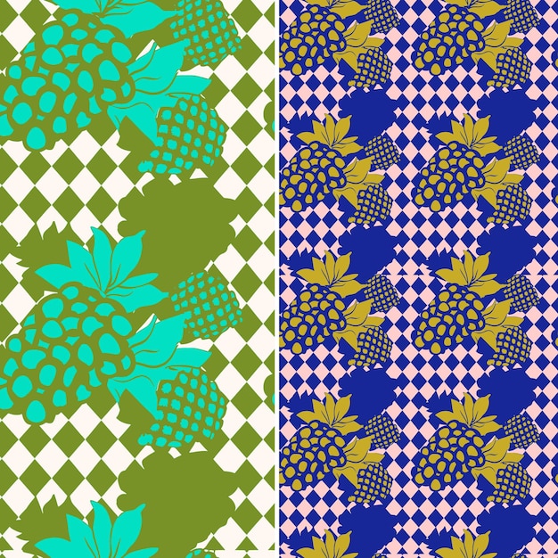 PSD ensemble de motifs sans couture avec des ananas et des ananas en bleu et vert