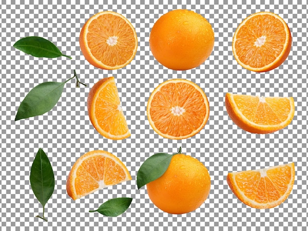 PSD un ensemble d'oranges avec des feuilles vertes sur fond transparent