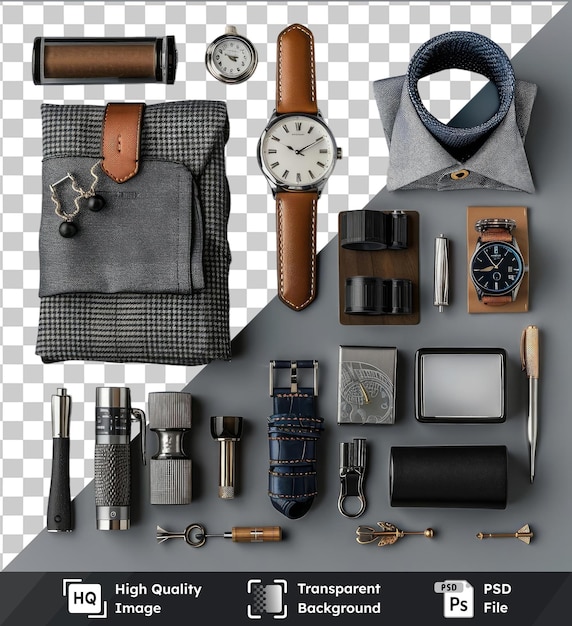 PSD un ensemble d'outils de conception de mode haut de gamme affiché sur un fond gris et transparent avec une montre argentée et noire une caméra noire et argentée et un stylo argenté et noir