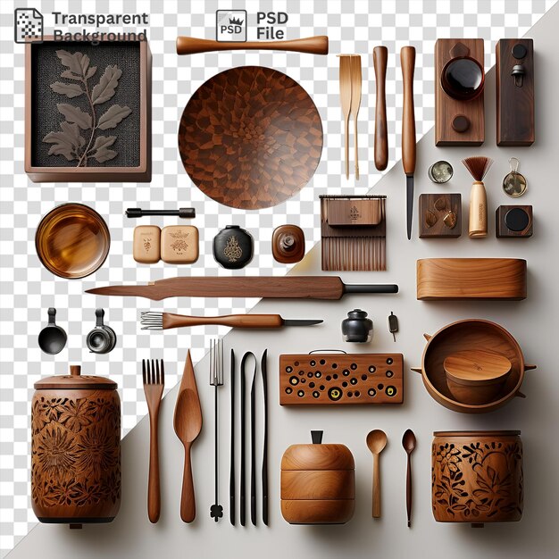 PSD un ensemble d'outils de cuisine japonais gourmet exposé sur un mur blanc accompagné d'un vase brun, d'une cuillère en argent et en bois et d'une horloge en brun et en bois.