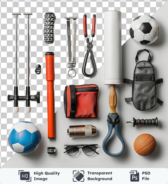 PSD ensemble d'outils d'entraînement sportif professionnel de haute qualité affiché sur un fond transparent avec une balle bleue, des lunettes noires et un stylo orange