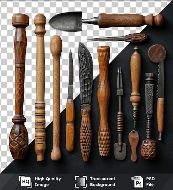 PSD un ensemble d'outils de sculpture en bois haut de gamme exposé sur une table noire avec une poignée en bois brun, un couteau en bois et une cuillère en bois