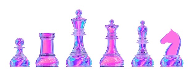 PSD ensemble de pièces d'échecs holographiques 3d de roi chevalier reine tour évêque et pion sur fond isolé