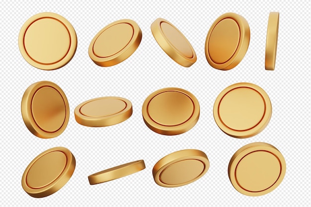 Un ensemble de pièces d'or est représenté dans diverses positions