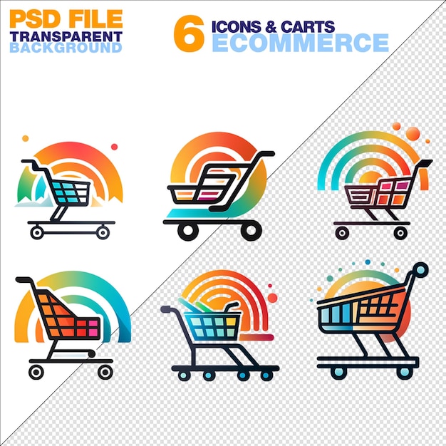 PSD ensemble de six icônes et paniers de commerce électronique colorés