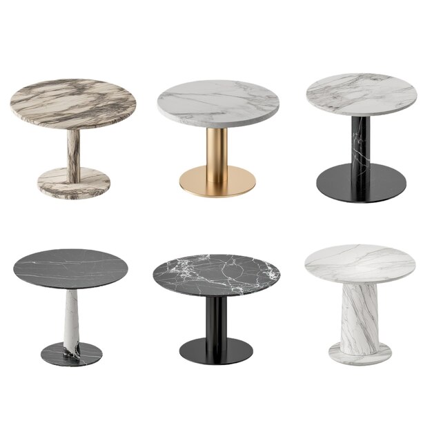 Un ensemble de six tables rondes modernes en marbre isolées sur un fond transparent Chaque table a un caractère unique
