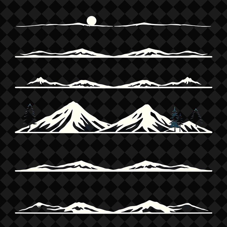 PSD un ensemble de sommets de montagnes, de grands sapins et de cieux illuminés par la lune, influencés par le bleu de minuit et le blanc glacé.