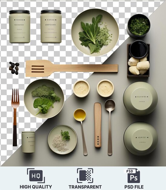 Ensemble De Soupe Gourmet Transparent Avec Une Variété De Bols Et D'ustensiles, Y Compris Une Cuillère En Bois à Fourchette Argentée Et Une Assiette Blanche Disposée Sur Un Fond Transparent