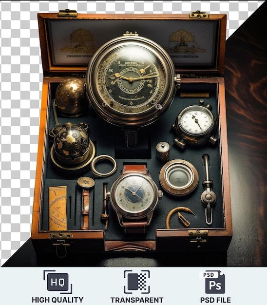 PSD un ensemble de souvenirs d'aviation vintage, une horloge, une boussole et une montre de poche exposés dans une boîte en bois