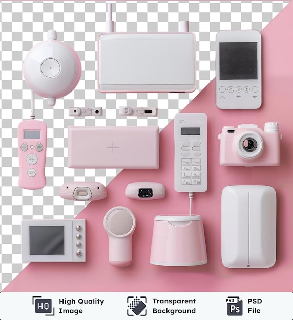 PSD un ensemble de systèmes de sécurité à domicile de haute qualité psd haut de gamme affiché sur une table rose avec une caméra argentée et blanche un ipod blanc et une télécommande grise et blanche