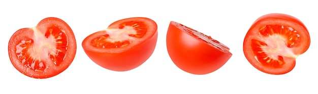 Un ensemble de tomates coupées en deux sous différents angles isolées