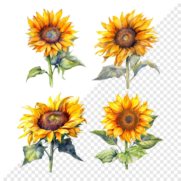 Un ensemble de tournesols sur fond transparent