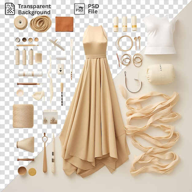 PSD un ensemble unique de couture et de couturerie avec une robe blanche, des ciseaux argentés et une petite bouteille blanche sur un fond transparent