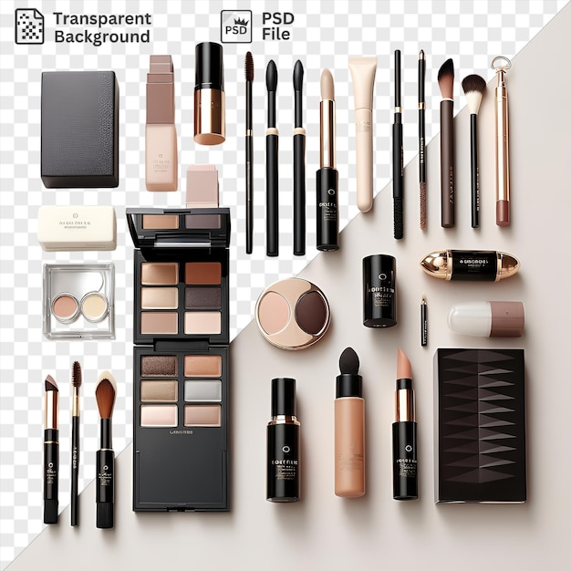 PSD ensemble unique de maquillage et de cosmétiques haut de gamme affiché sur un fond transparent accompagné d'un stylo noir