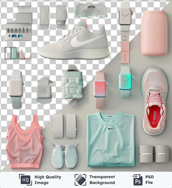 PSD ensemble de vêtements d'athlétisme de haute performance affiché sur un fond transparent avec une chaussure blanche et une bouteille rose