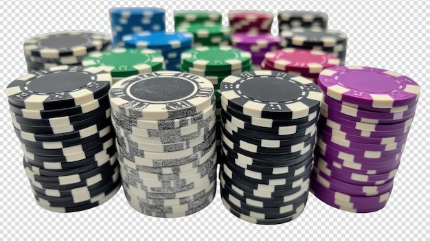 Un ensemble vibrant et diversifié de jetons de poker dans des couleurs empilées parfait pour les jeux de casino et les réunions à la maison