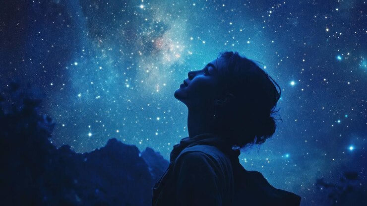 PSD el ensueño de la noche estrellada una mujer mira las maravillas celestes