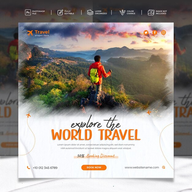 PSD entdecken sie die world travel agency instagram social media banner-vorlage