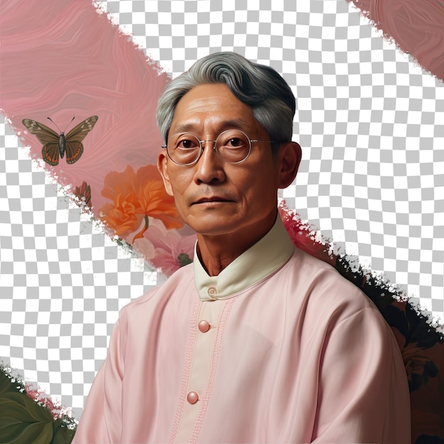 PSD el entomólogo del sudeste asiático wise senior con el cabello corto posa suavemente admirando en la escena de la rosa pastel