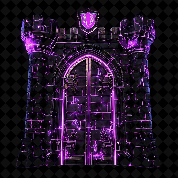 PSD entrada del castillo medieval arcano con heráldica y traje de ar png y2k colección de colores de neón de forma