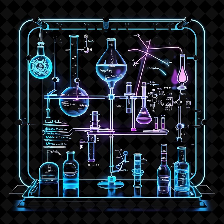 PSD entrada del laboratorio arcano con instrumentos científicos y colección de colores de neón de forma f png y2k