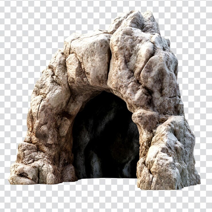 PSD entrada de piedra a la cueva aislada con fondo negro