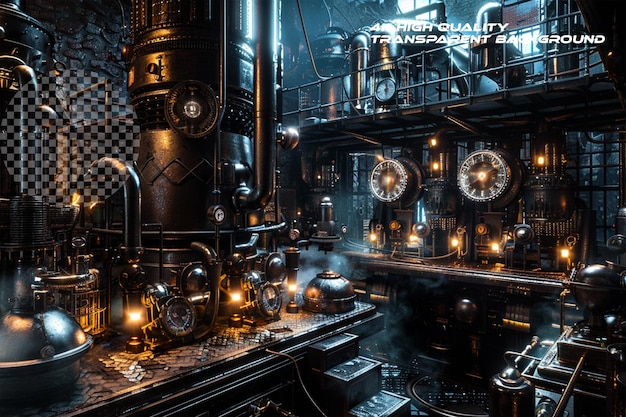 PSD entre em um mundo de maravilhas industriais com steampunk brilhante em fundo transparente
