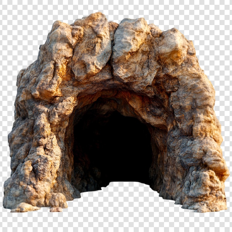 PSD l'entrée d'une grotte sombre dans le paysage des montagnes rocheuses