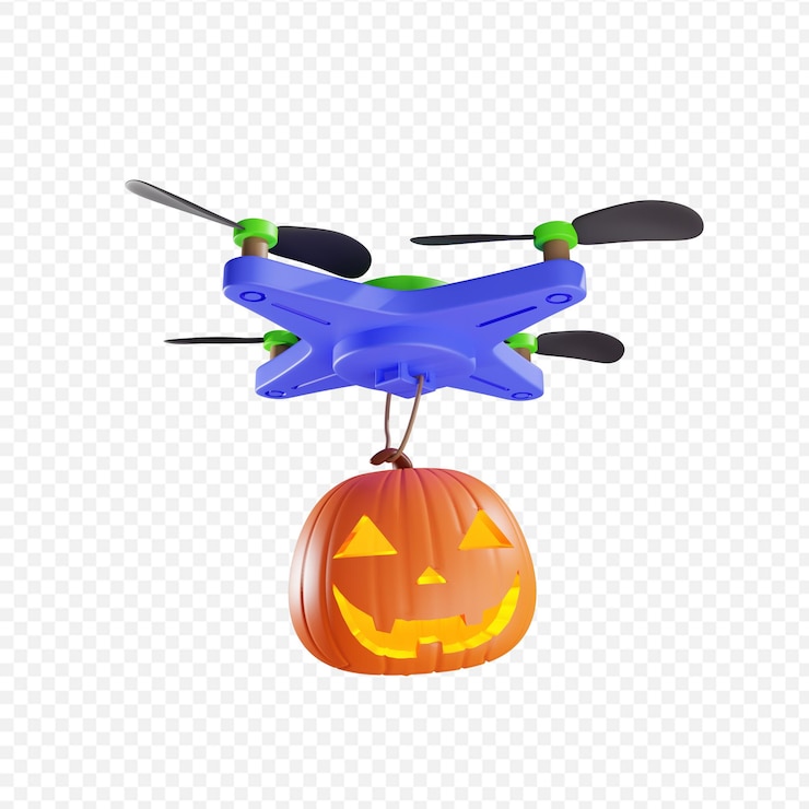PSD entrega en 3d de la linterna de calabaza de jacks por drone concepto de halloween ilustración 3d aislada
