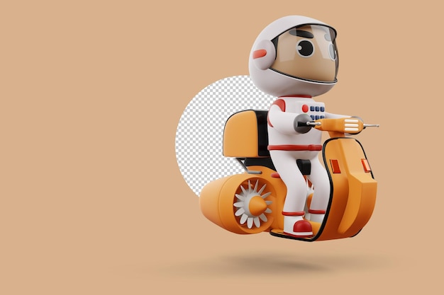Entrega astronauta montando motocicleta voladora con caja de entrega renderizado 3d