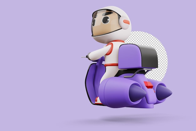 Entrega astronauta montando motocicleta voladora con caja de entrega renderizado 3d
