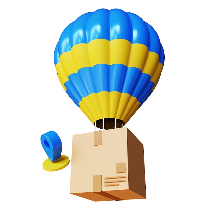 PSD entrega de balão de ar quente 3d com pacote e pin de localização creative airborne shipping