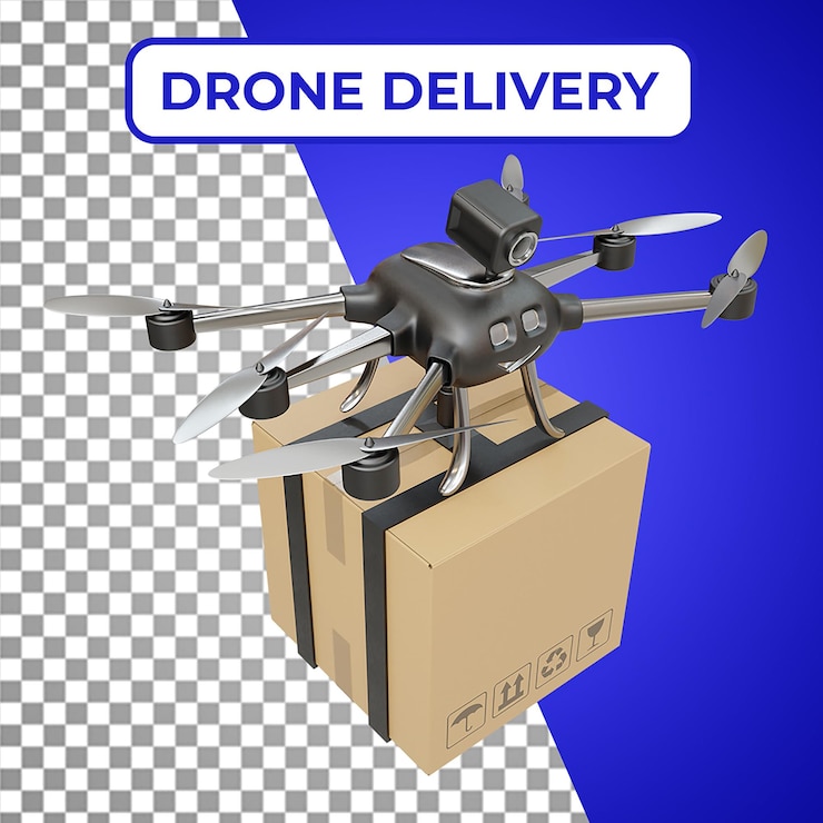 PSD entrega de drones o entrega en el aire representación 3d de caja de cartón