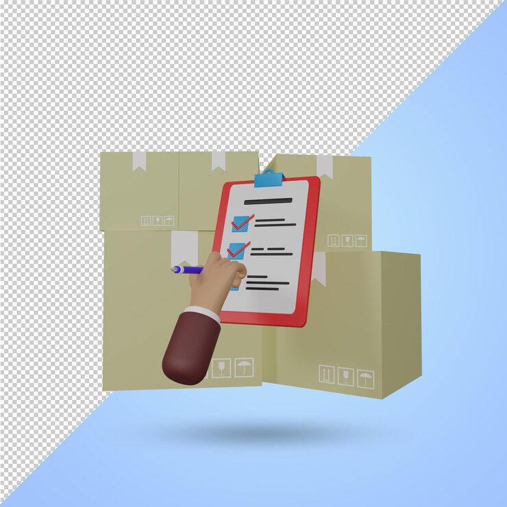 PSD entrega de paquete de caja 3d o caja de carga con notas de verificación de lista