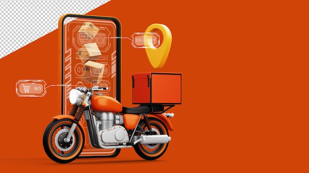 PSD entrega serviço de correio de compras on-line motocicleta com caixa de encomendas renderização 3d