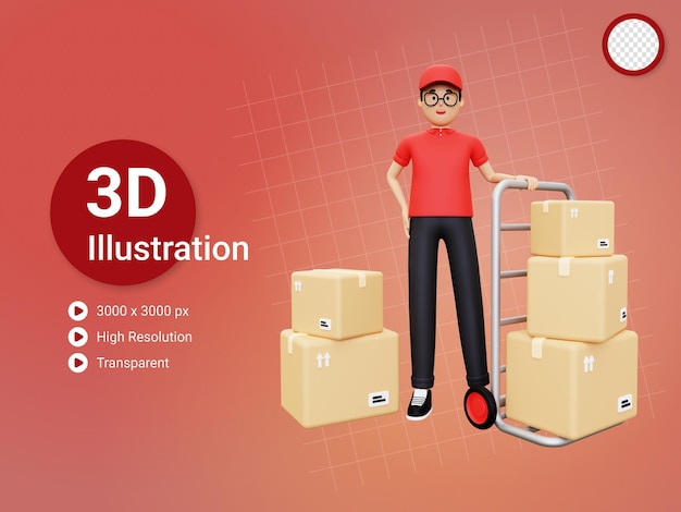 Entregador 3d com carrinho de pacotes