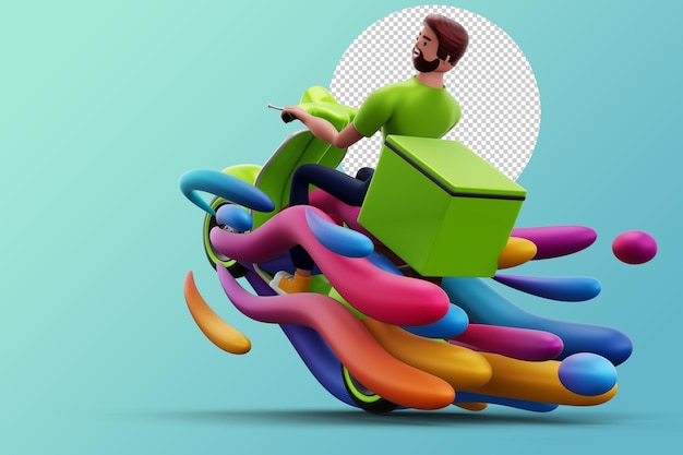 Entregador andando de moto com caixa de entrega e renderização 3d de vento colorido